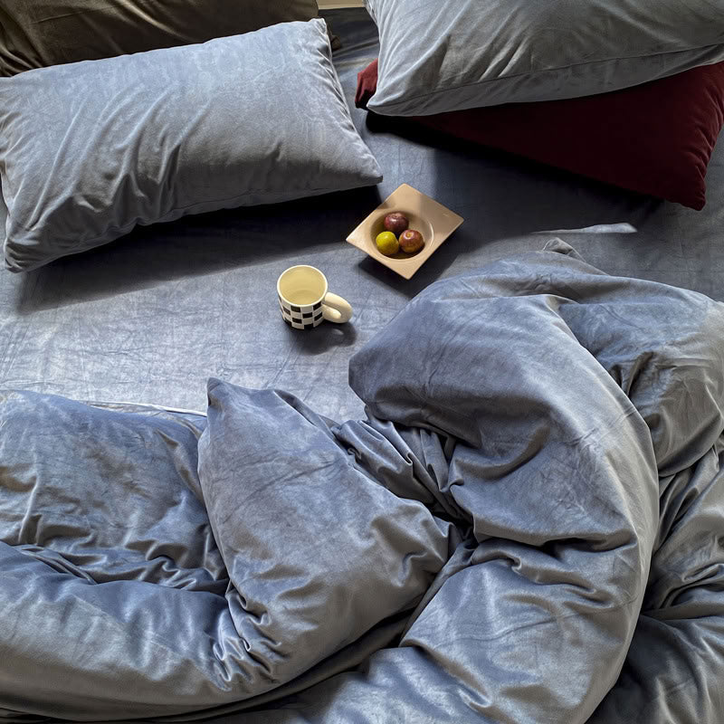 Solid Steel Blue velvet bedding set with soft plush texture and minimalist cozy bedroom scene - RoomDen