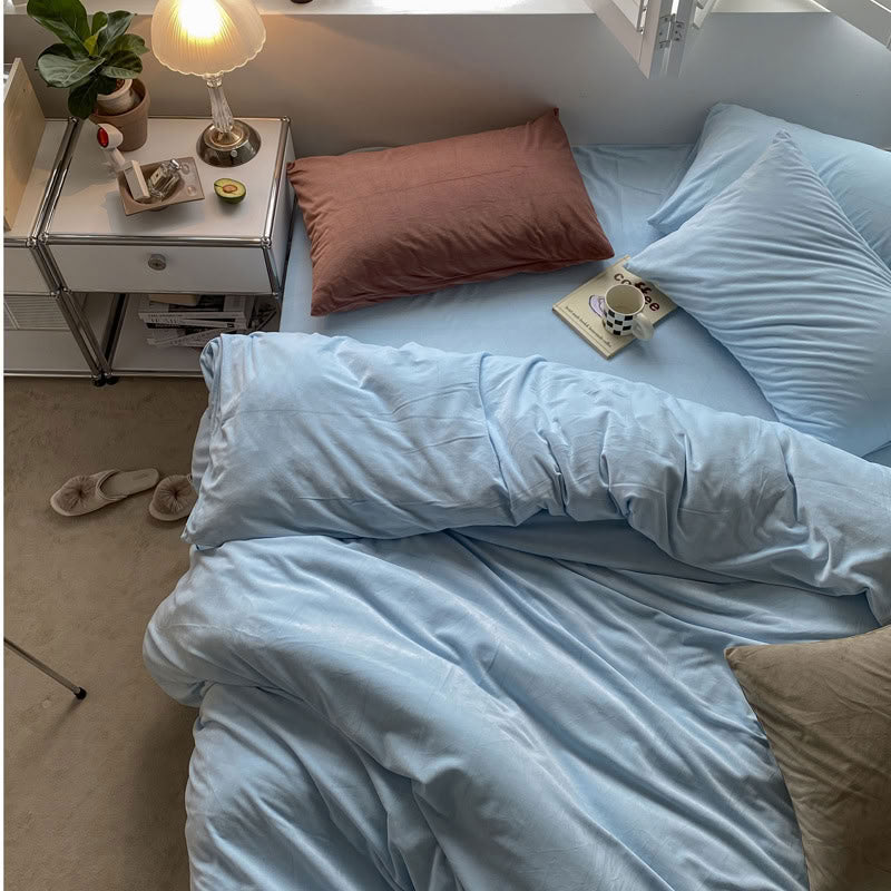 Solid Sky Blue velvet bedding set with soft plush texture and minimalist cozy bedroom scene - RoomDen
