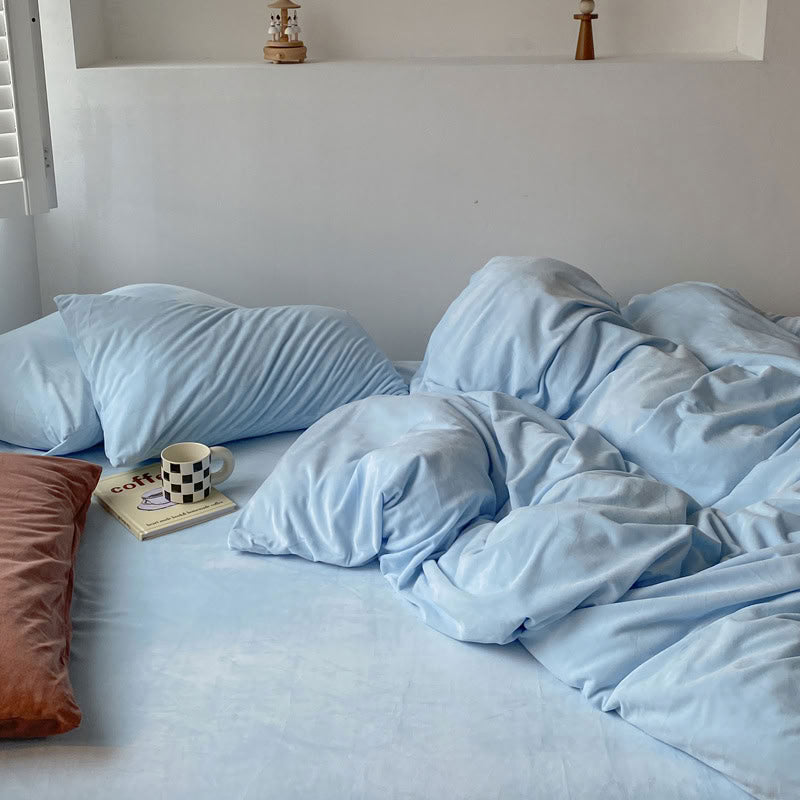 Solid Sky Blue velvet bedding set with soft plush texture and minimalist cozy bedroom scene - RoomDen