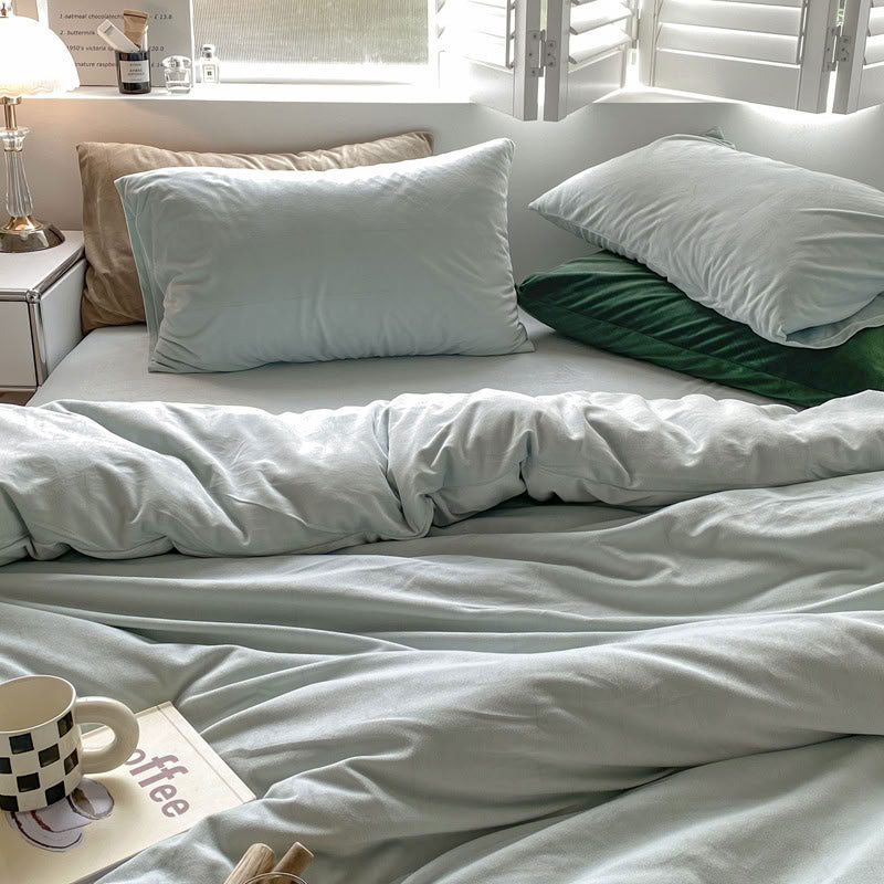 Solid Light Blue velvet bedding set with soft plush texture and minimalist cozy bedroom scene - RoomDen