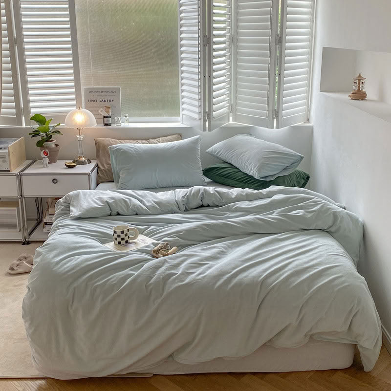 Solid Light Blue velvet bedding set with soft plush texture and minimalist cozy bedroom scene - RoomDen