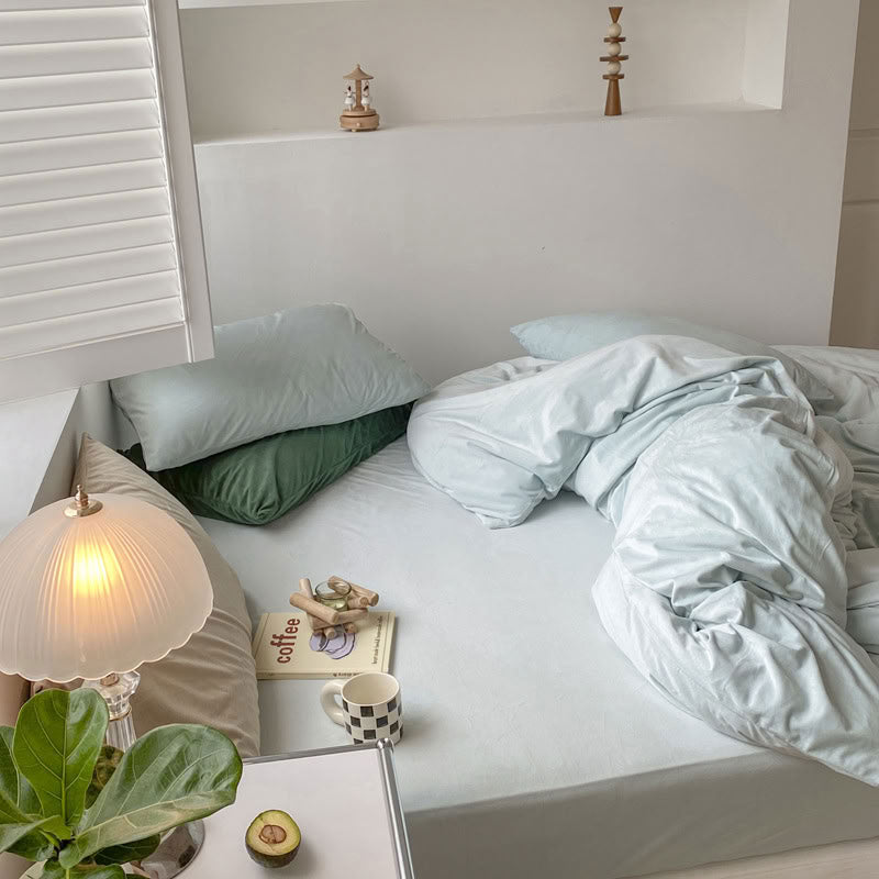Solid Light Blue velvet bedding set with soft plush texture and minimalist cozy bedroom scene - RoomDen