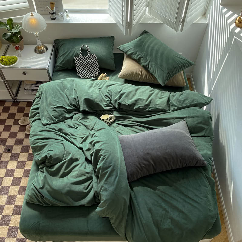 Solid Pistachio Green velvet bedding set with soft plush texture and minimalist cozy bedroom scene - RoomDen
