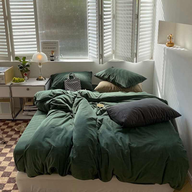 Solid Pistachio Green velvet bedding set with soft plush texture and minimalist cozy bedroom scene - RoomDen
