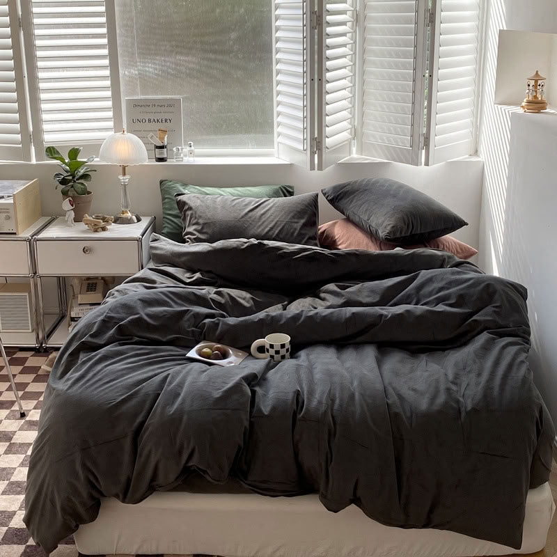 Solid Ash Grey velvet bedding set with soft plush texture and minimalist cozy bedroom scene - RoomDen