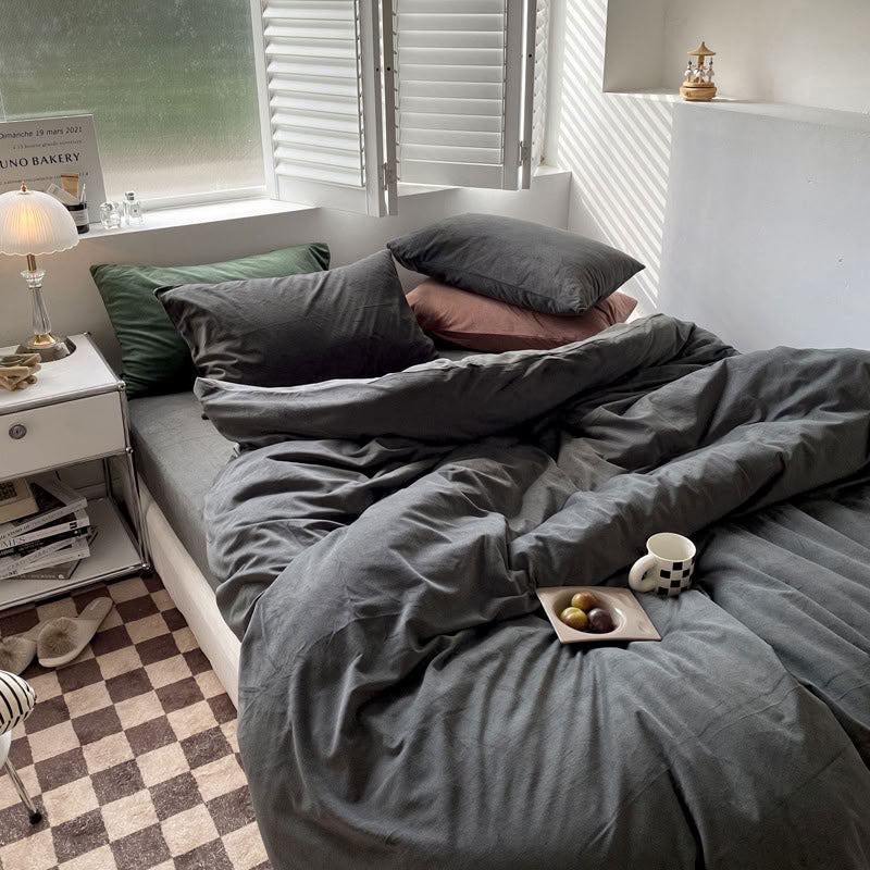Solid Ash Grey velvet bedding set with soft plush texture and minimalist cozy bedroom scene - RoomDen