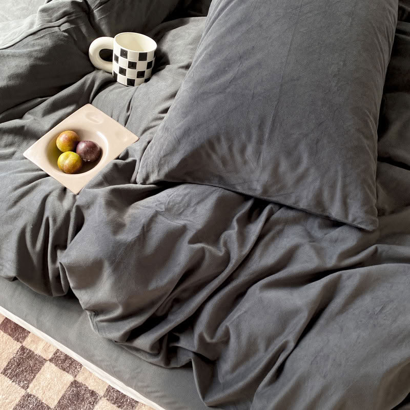 Solid Ash Grey velvet bedding set with soft plush texture and minimalist cozy bedroom scene - RoomDen
