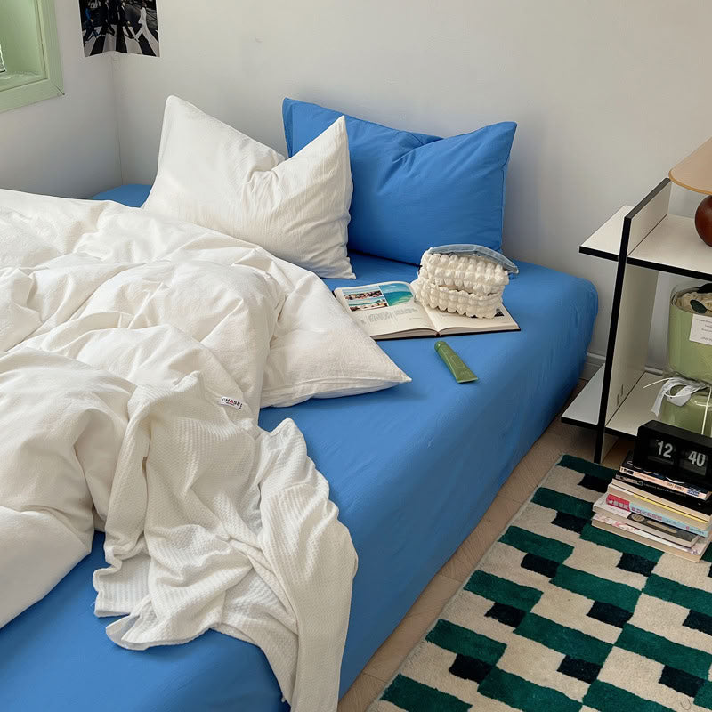 White and blue two-tone solid cotton bedding set with soft washed finish – RoomDen