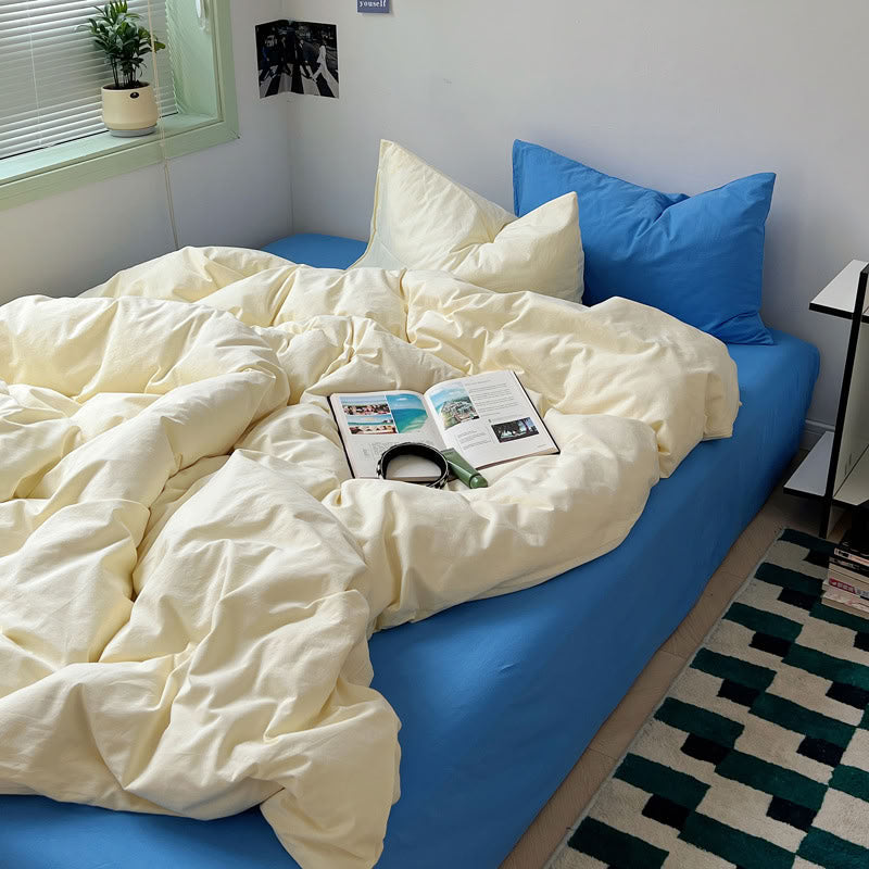 Beige and blue two-tone solid cotton bedding set with soft washed texture – RoomDen