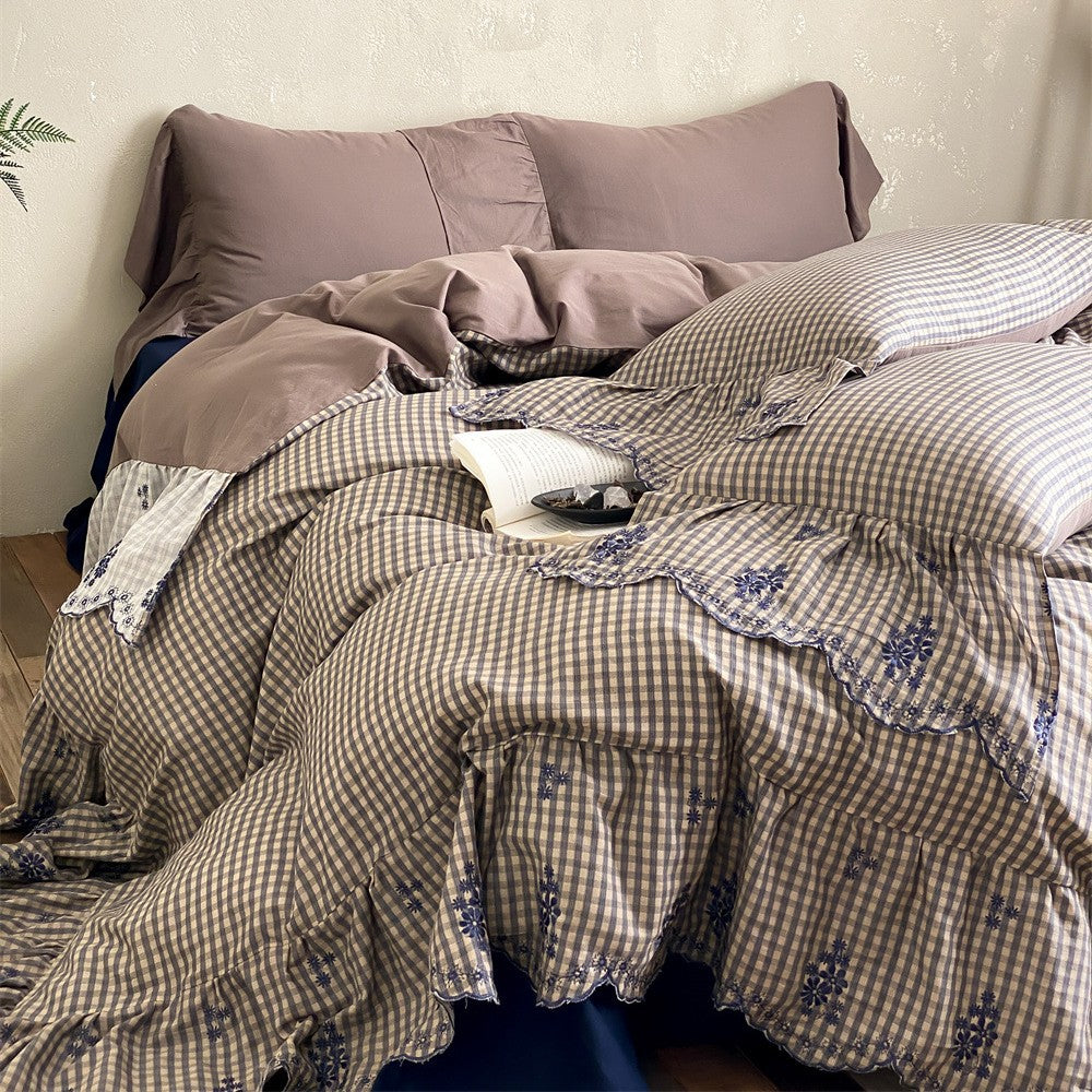 Embroidered Gingham Double Gauze Cotton Bedding Set – Mushroom Taupe, layered pillows and embroidered gingham duvet - Roomden
