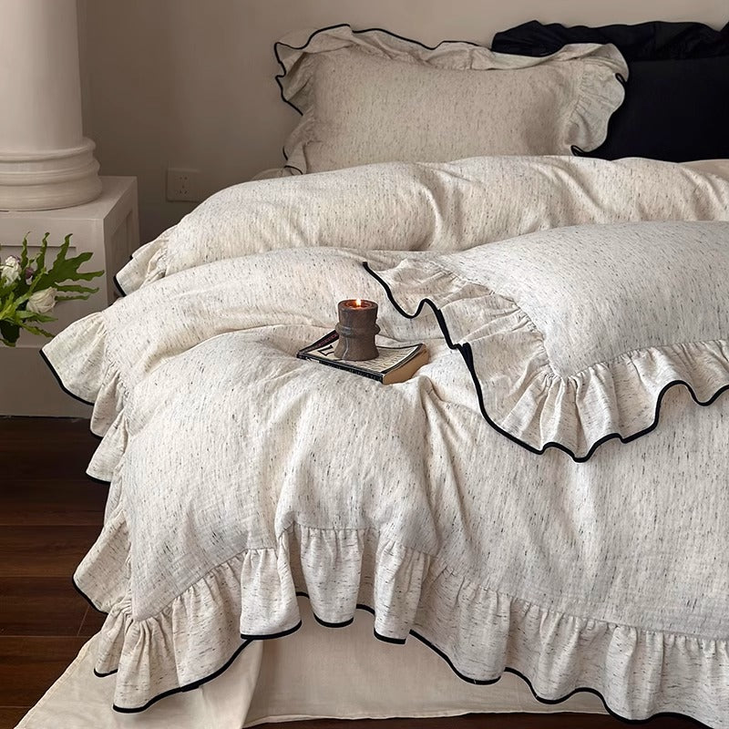 Marchbrook ruffled cotton double-gauze bedding set – layered duvet and pillows in oat ivory - Roomden