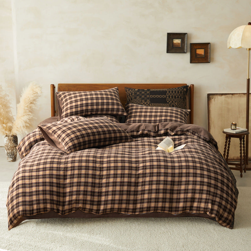 Gingham Double Gauze Cotton Bedding Set, Latte Tan, bedroom view 1 - Roomden