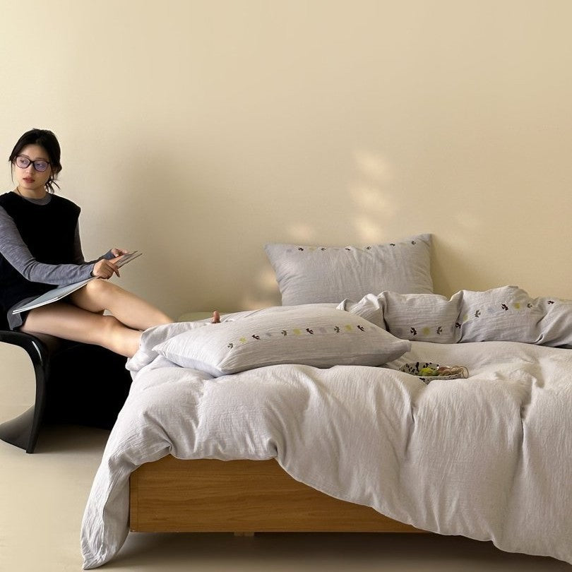 Embroidered Bird Cotton Gauze Bedding Set, Fog Grey, fabric and pillow detail 5 - Roomden