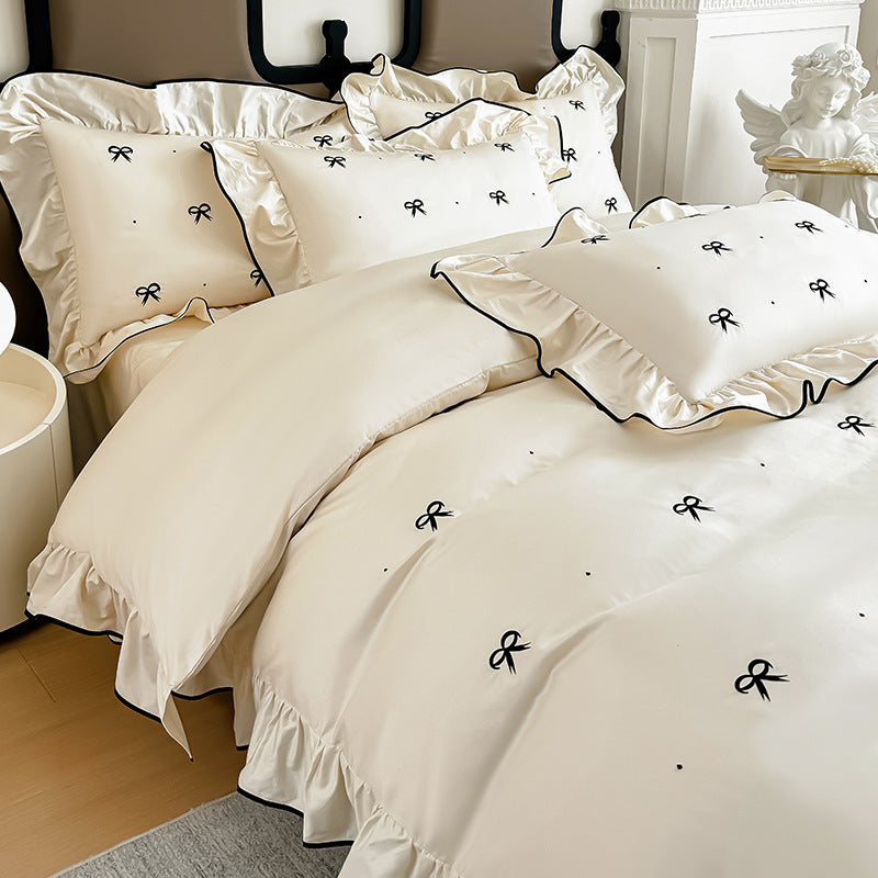 Bow embroidered ruffle cotton bedding set – Cream White, alternate bedroom arrangement - Roomden