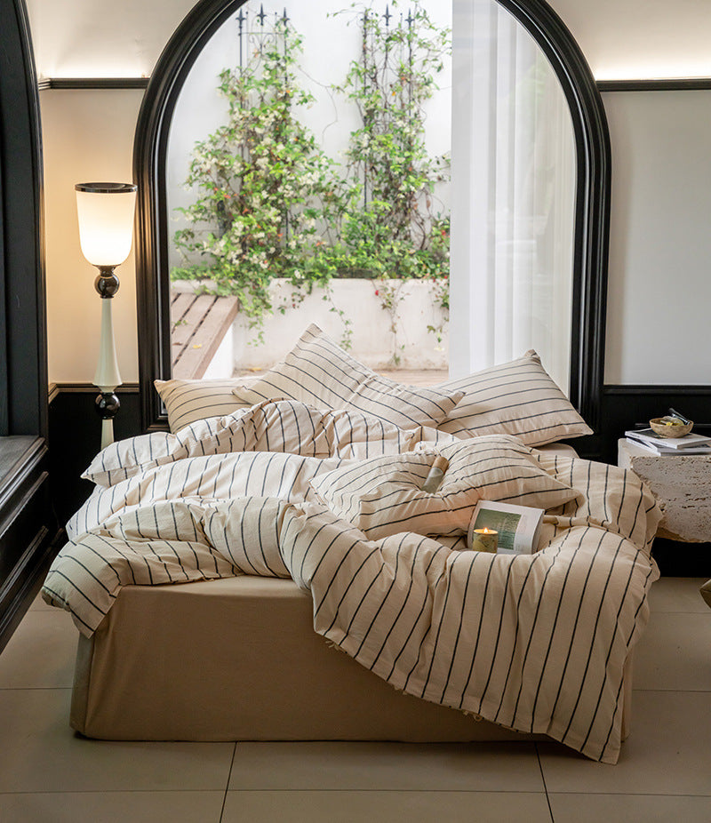 Pinstripe Washed Cotton Bedding Set, Milk Tea Stripe, bed arrangement - Roomden