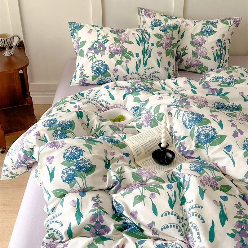 Ivory Blue Purple Botanical Cotton Bedding Set with coordinating pillow styling - Roomden