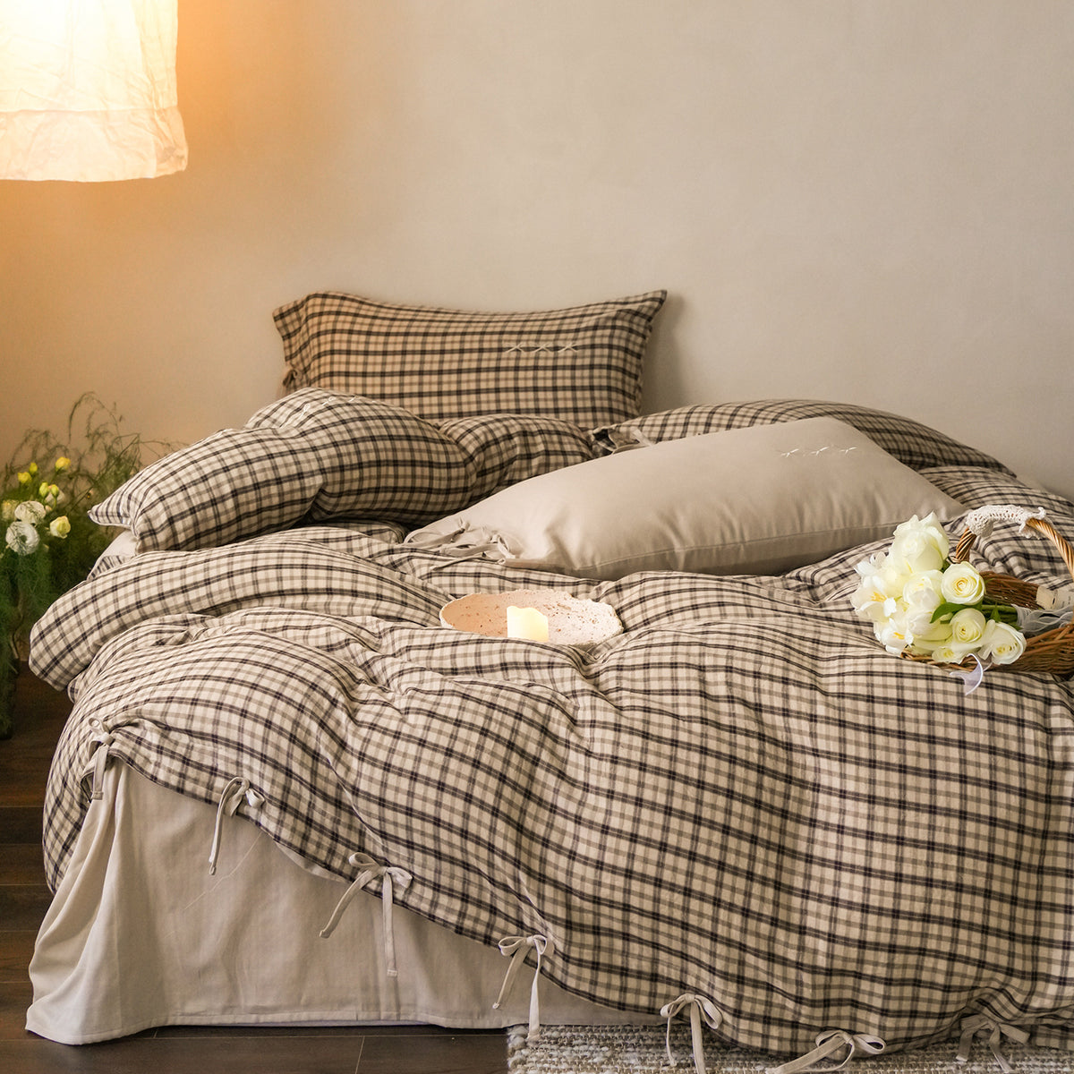 Checked Cotton Bedding Set with Bows and Lace – full tea check bed with bow trim and a tray of flowers - Roomden