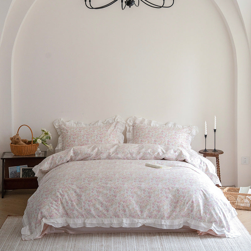 Pink Floral Ruffle Cotton Bedding Set – Pink, bed arrangement - Roomden