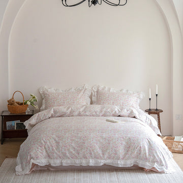 Pink Floral Ruffle Cotton Bedding Set