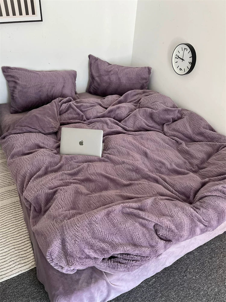Wave textured plush bedding – dusty lavender full bed with a dark upholstered headboard - Roomden
