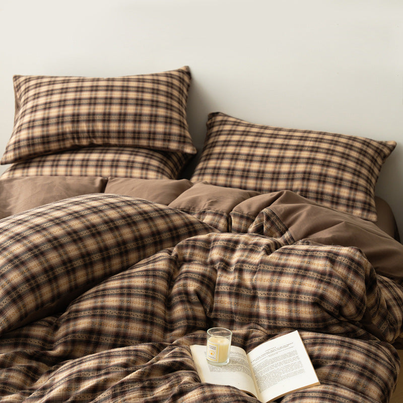 Gingham Double Gauze Cotton Bedding Set, Latte Tan, bedroom view 2 - Roomden