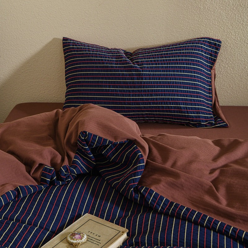 Amberlyn Navy Rose Stripe cotton bedding set – closer view of the coordinated pillows and duvet - Roomden
