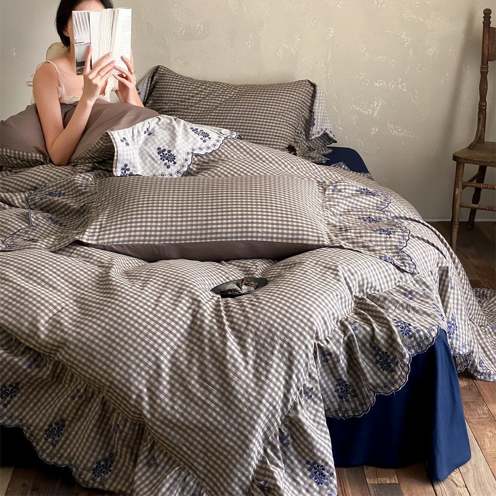 Embroidered Gingham Double Gauze Cotton Bedding Set – Mushroom Taupe, embroidered checked bedding in a seated bedroom scene - Roomden