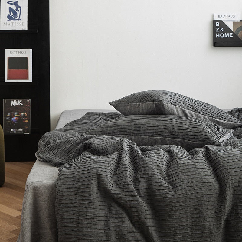Ripple Textured Cotton Bedding Set, Dark Grey, bedroom view 1 - Roomden