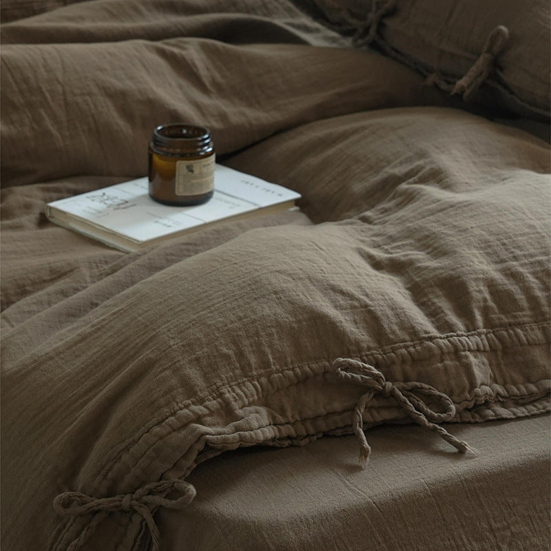 Tie-Detail Double Gauze Cotton Bedding Set – Chestnut Brown, fabric and edge detail - Roomden