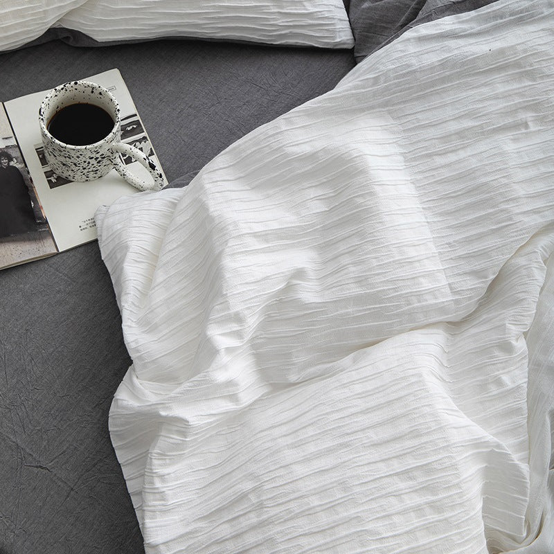 Ripple Textured Cotton Bedding Set, White & Grey, fabric and pillow detail 8 - Roomden