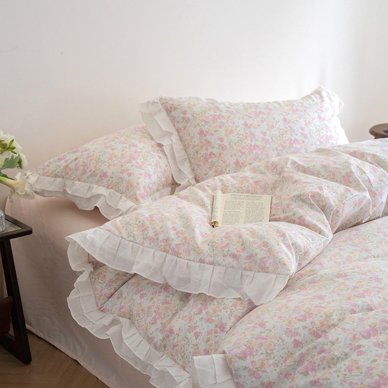 Pink Floral Ruffle Cotton Bedding Set – Pink, bed arrangement - Roomden