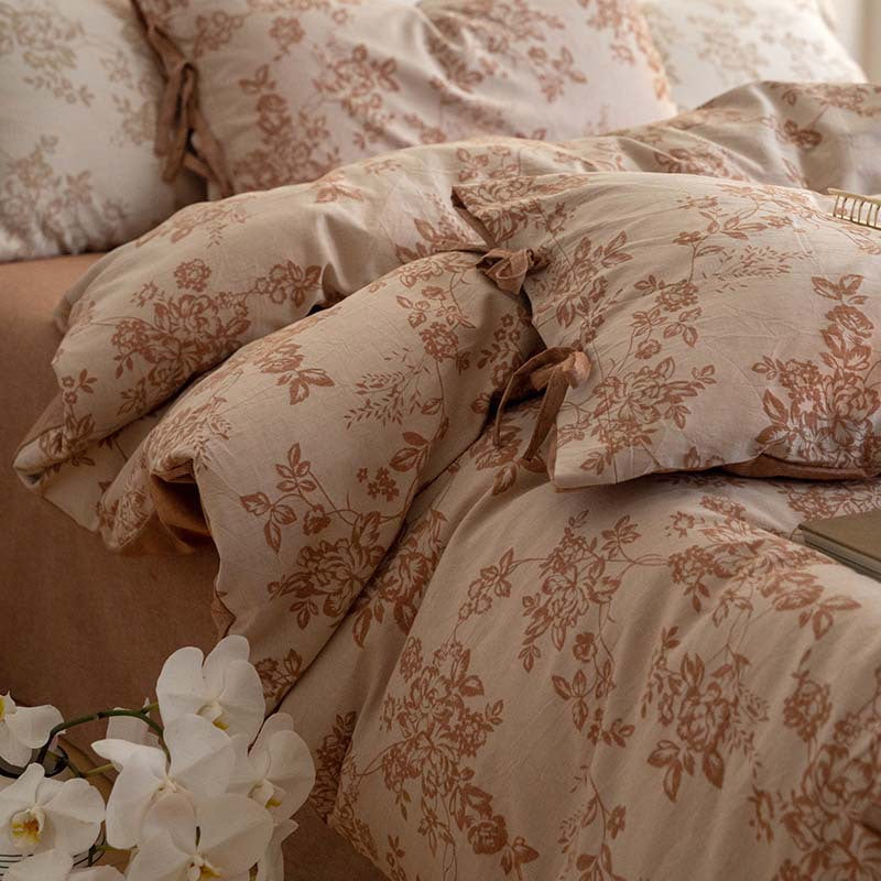 Bonnie floral tie-detail cotton bedding in khaki