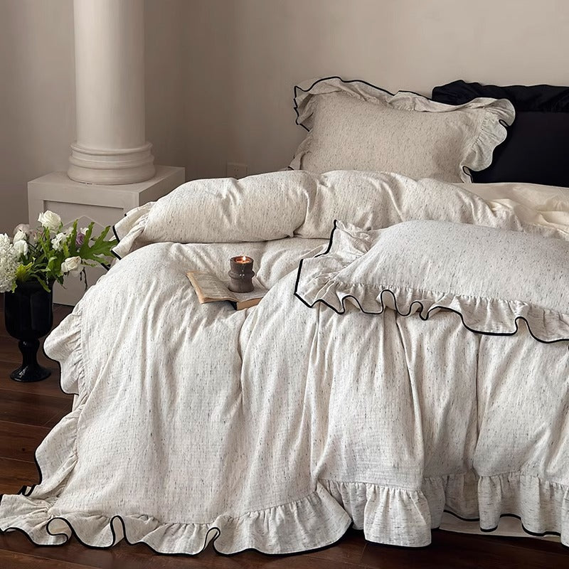 Marchbrook ruffled cotton double-gauze bedding set – full oat ivory bed styling - Roomden