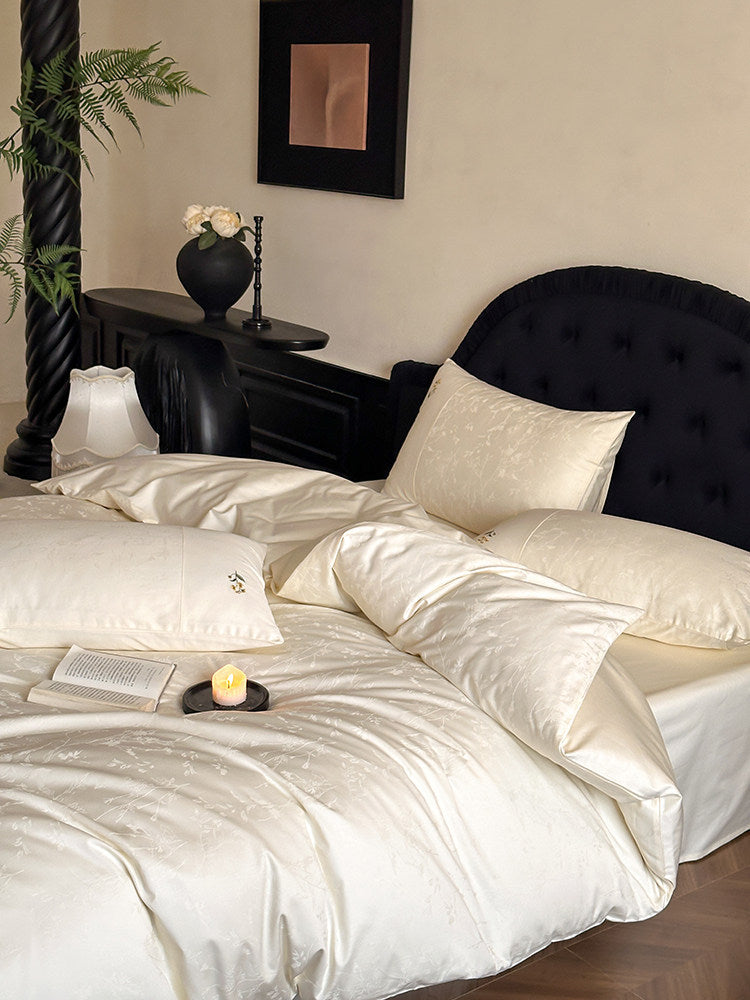 Floral Embroidered Jacquard Cotton Bedding Set, Ivory Cream, fabric and pillow details - Roomden