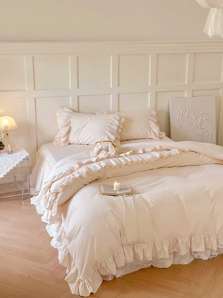 Ruffle cotton sateen bedding set – Vanilla Cream, front angled view - Roomden