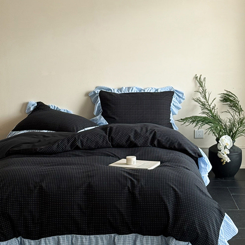 Contrast Ruffle Gingham Cotton Bedding Set, Onyx & Mist, bed arrangement - Roomden