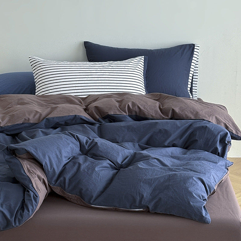 Two-Tone Striped Pillow Washed Cotton Bedding Set, Midnight Navy, bed arrangement - Roomden