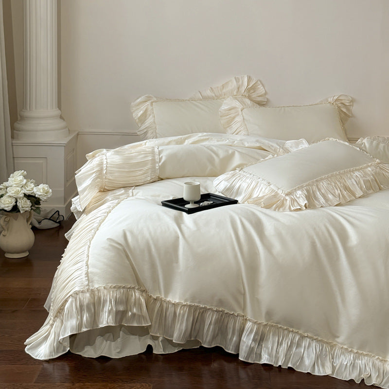 Ruffled Cotton Bedding Set – Ivory Cream, bed arrangement - Roomden