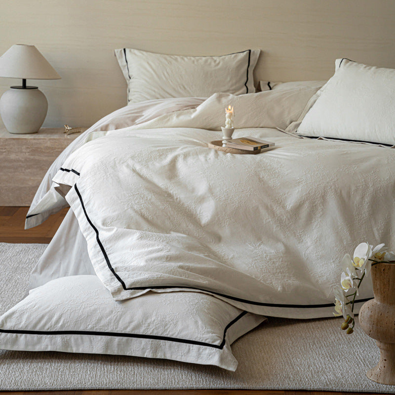 Contrast Border Cotton Jacquard Bedding Set, Ivory Sand, fabric and pillow detail 5 - Roomden