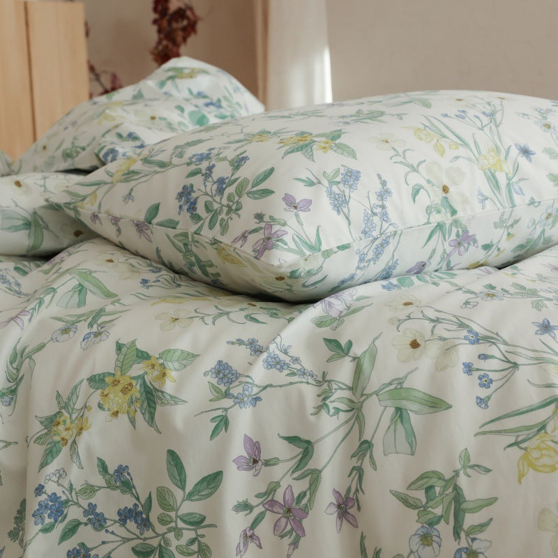 Verbena Botanical Cotton Bedding Set – close view of wildflower fabric folds and pillow - Roomden