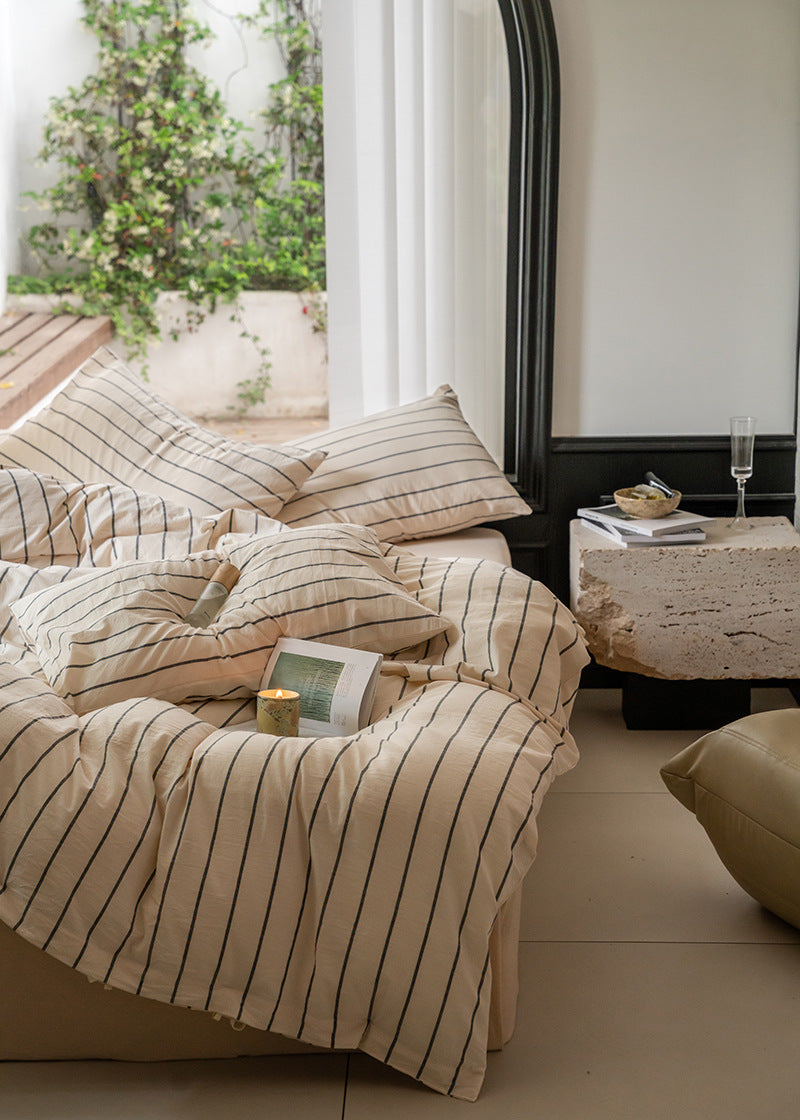 Pinstripe Washed Cotton Bedding Set, Milk Tea Stripe, bed arrangement - Roomden