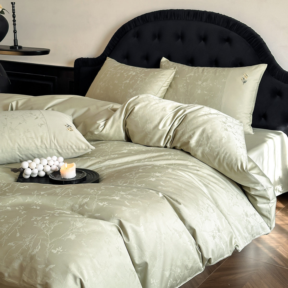 Floral Embroidered Jacquard Cotton Bedding Set, Bamboo Sage, bed arrangement - Roomden