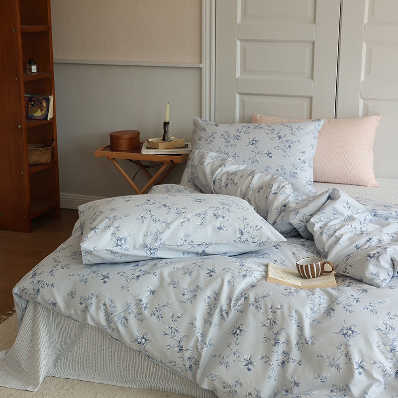 Powder Blue Floral Sprig Cotton Bedding Set with coordinating pillow styling - Roomden