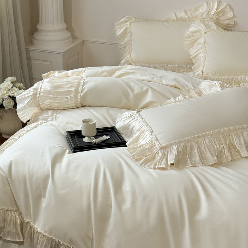 Ruffled Cotton Bedding Set – Ivory Cream, bed arrangement - Roomden