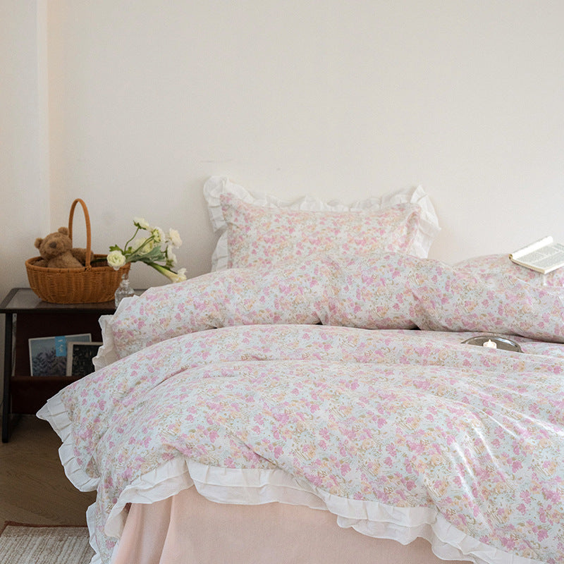 Pink Floral Ruffle Cotton Bedding Set – Pink, bed arrangement - Roomden