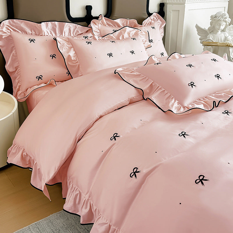 Bow embroidered ruffle cotton bedding set – Blush Pink, coordinated duvet and pillows - Roomden