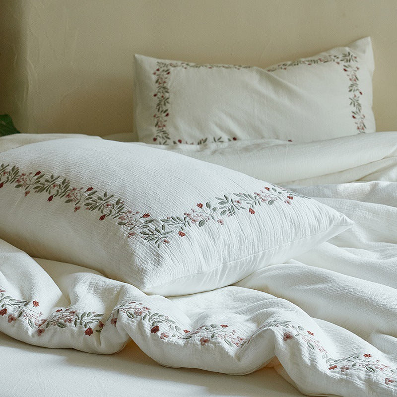 Floral Embroidered Cotton Bedding Set, Ivory Vine, fabric and pillow detail 11 - Roomden