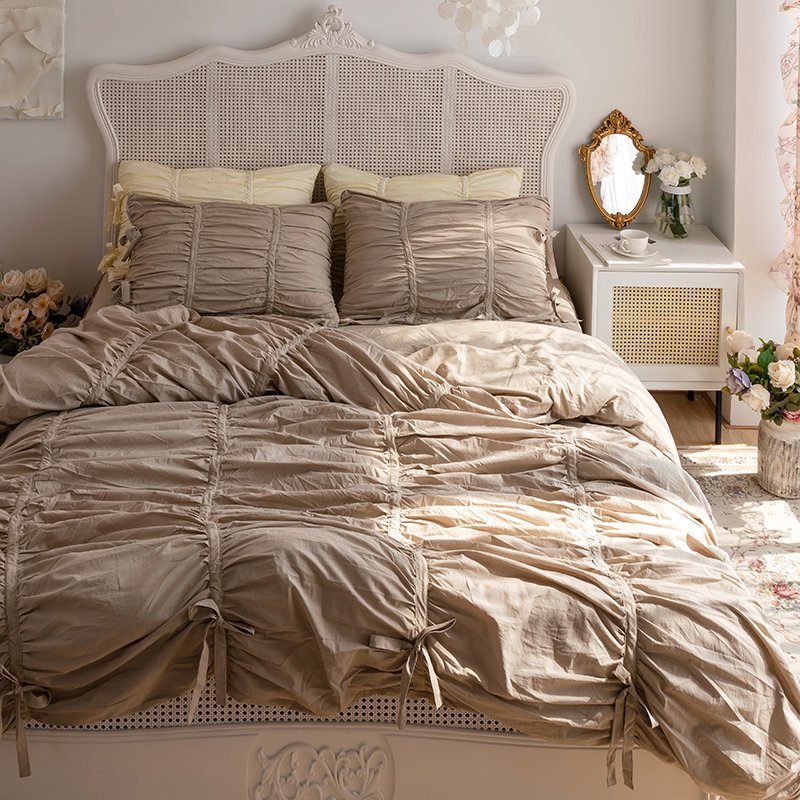 Ruched Washed Cotton Bedding Set, Taupe, bedroom view 1 - Roomden