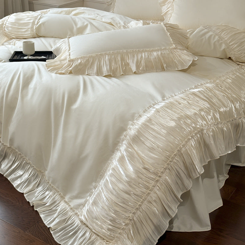 Ruffled Cotton Bedding Set – Ivory Cream, fabric and edge detail - Roomden