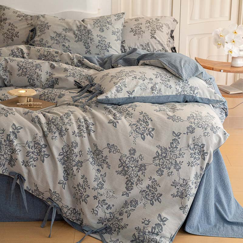 Blue Bonnie floral bedding styled in a bright bedroom
